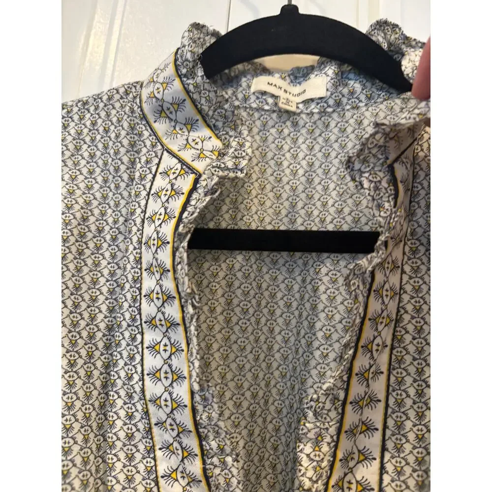 Max Studio White, Yellow and Black Short Sleeve V Neck  Maxi Dress Size Small‎